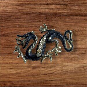 Vintage Black & Gold Dragon Brooch Pin With Rhinestones - Sparkling Mythical Jew